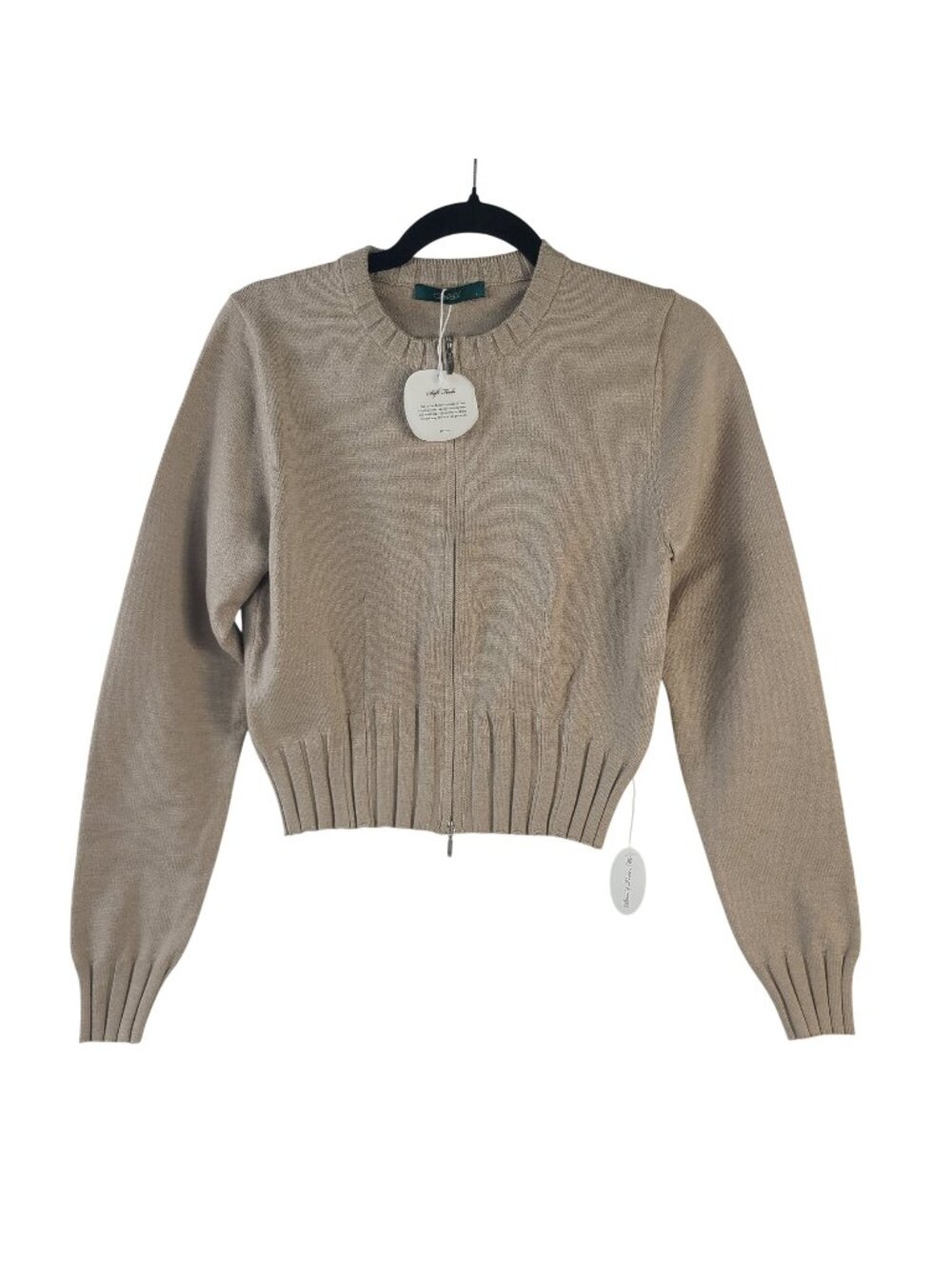 NEW Geel Kiarra Beige Cropped Knit Zip-Up Sweater Ribbed Hem & Cuff Women's Sz S